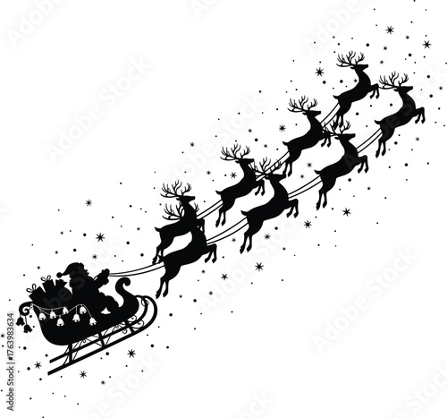 Silhouette of santa claus and reindeer sleigh flying through a starry night sky