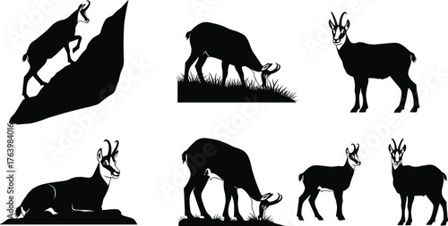 Goat silhouette illustration, farm animal vector, grazing goat design, climbing goat art, resting goat graphic, family goat scene, black livestock icon