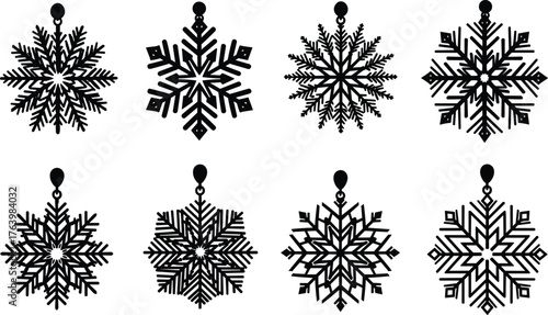 Snowflake ornament design, holiday decoration vector, Christmas snowflake silhouette, winter festive pattern, black snowflake icon, seasonal craft template, geometric snowflake art