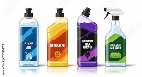 Four bottles of cleaning products labeled rinse aid degreaser wax remover and upholstery cleaner