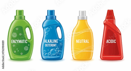 Illustration of four colorful detergent bottles labeled enzymatic alkaline neutral and acidic types