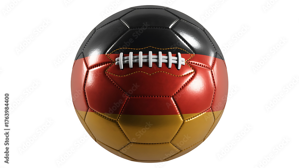 Fototapeta premium A soccer ball displays a flag pattern of black, red, and gold, representing national pride.