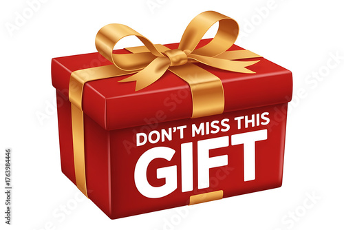 Red gift box with a gold ribbon and bow, displaying a message about a special offer.