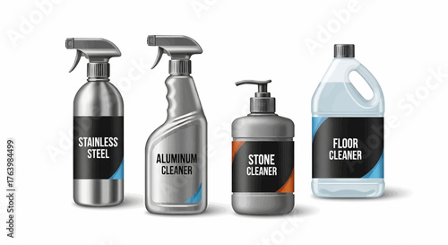 Four cleaning product bottles including stainless steel aluminum stone and floor cleaners are displayed
