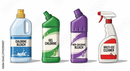 Illustration of four different cleaning products including bleach and multi use cleaner bottles