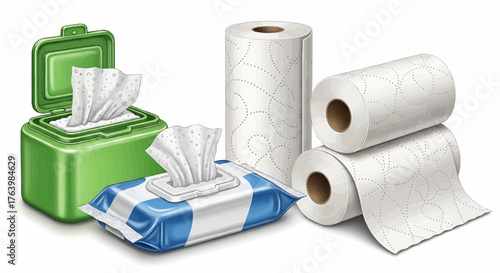 Assortment of cleaning supplies featuring wipes in containers and rolls of paper towels on a white surface