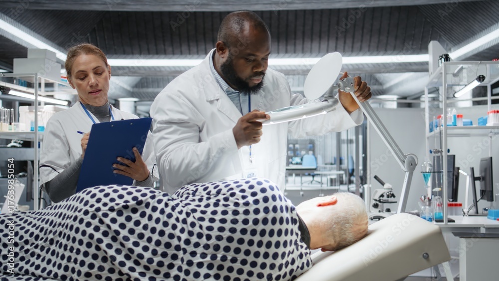 Fototapeta premium Professionals use magnifying glass to perform examination in a drug trial with patient, monitoring vitals and analyzing reactions. Studying dosage safety for biomedicine and toxicology. Camera A.