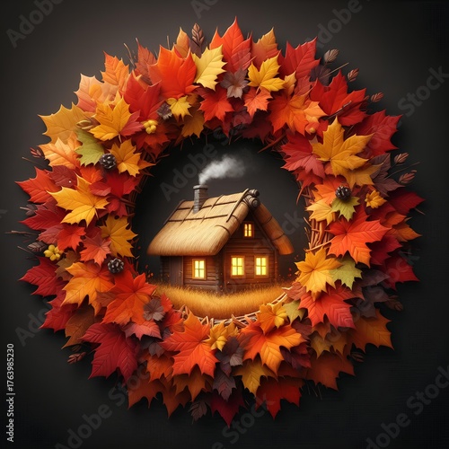 Wreath of autumn leaves with cozy cottage inside, no background