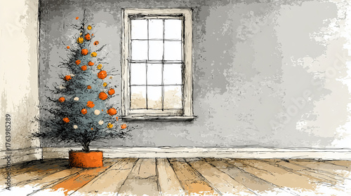 Line Drawing Illustration of a Christmas Tree in subtle colours ~ Created using Generative AI