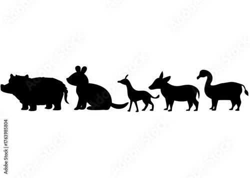 Wallpaper Mural Silhouette image showing a hippo, rabbit, dog, donkey and swan in a row against white background created with generated ai Torontodigital.ca
