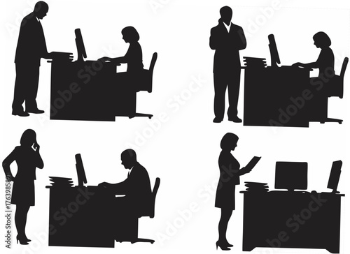 Silhouetted office workers at desks and on phones create a busy corporate atmosphere in black and white created with generated ai