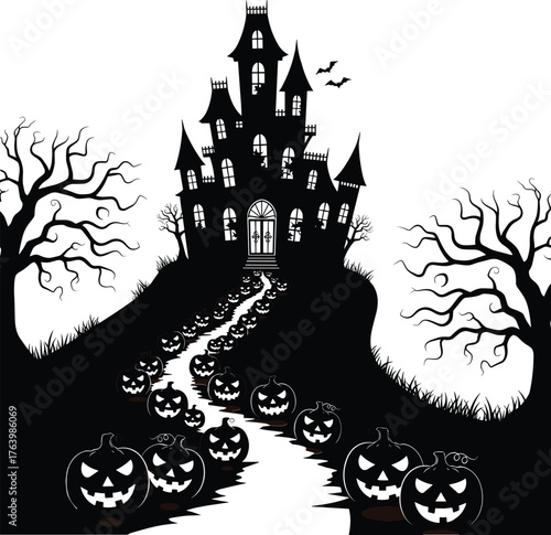 Spooky haunted mansion silhouetted against a moonlit sky with a path lined by jack o lanterns