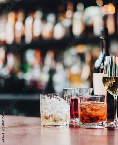 bar scene, drinks and relaxation, luxury bar, space for text, cocktails and beverages