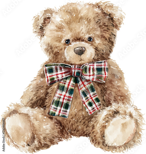 A cuddly fluffy Teddy Bear with a plaid bow. Watercolor illustration.