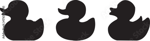 Black silhouette of rubber duck in side view, isolated on white background, graphic illustration. concept of bath toy, cute duckling, minimalistic icon, logo, design element.