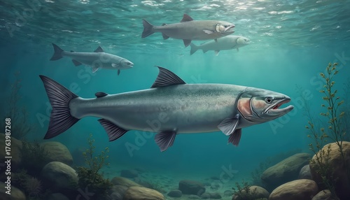 Realistic aquatic illustration of chinook salmon swimming underwater. Fish with scales, gills, fins, tail in clear blue water. Nature, wildlife art for print, decor, fishing, aquarium, design,