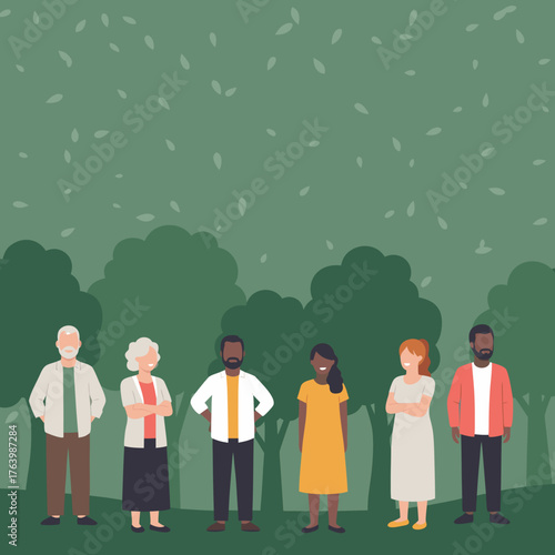 diverse and multi generational group of people standing together outdoors in a park. Vector illustration of a community, family, or society.