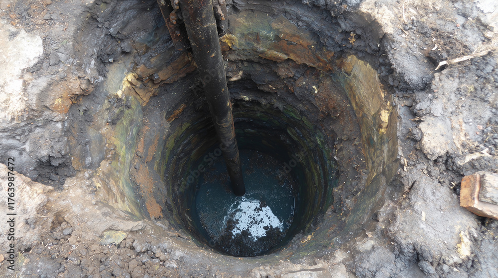Fototapeta premium Pozo profundo excavado manualmente con agua en el fondo y estratos visibles de tierra y roca. Ideal para estudios geotécnicos, captación de agua subterránea o análisis de composición del terreno.