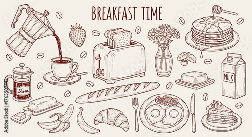 Wholesome breakfast spread with coffee, toast, pancakes, eggs, fruit, and pastry for a delicious start to the day