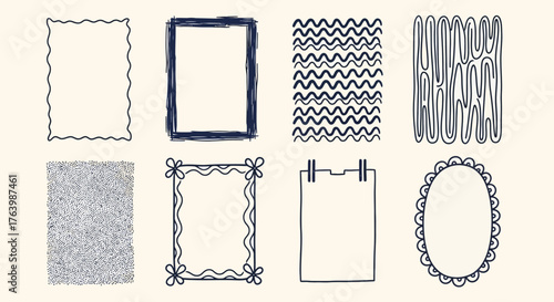 Assortment of hand-drawn frames and textures in various shapes and patterns for design use