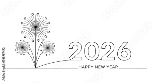 Happy New Year 2026 greeting card with celebratory fireworks from a single line illustration