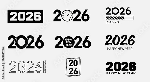 Collection of graphic 2026 year designs, featuring creative typography, calendar concepts, loading bars, and Happy New Year greetings for future celebrations and event content