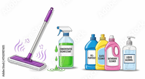 Illustration of cleaning supplies including a mop, disinfectant, and various cleaning solutions bottles