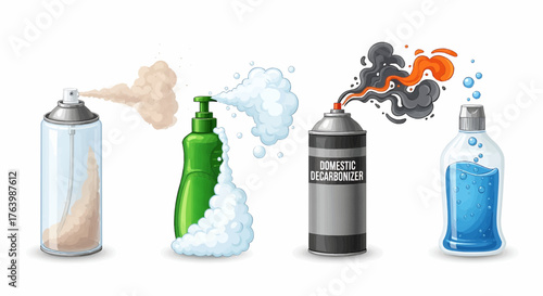 Illustration of four different types of containers spraying different substances into the air stream