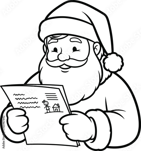 Whimsical black and white illustration of santa claus reading a letter with a cheerful expression