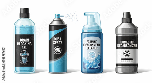 Assortment of cleaning and maintenance products in bottles and spray cans on white background