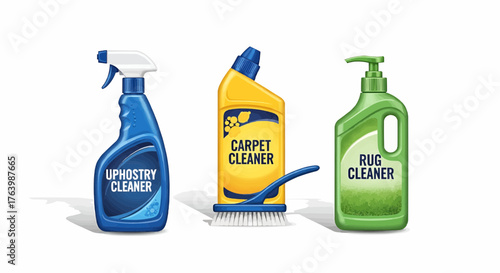 Illustration showing three bottles of cleaning products for upholstery carpet and rugs on white