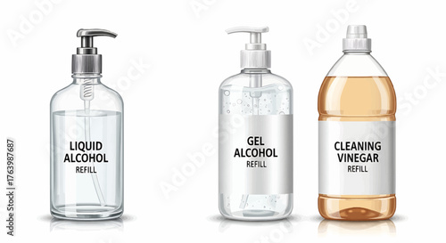 Three bottles labeled liquid alcohol gel alcohol and cleaning vinegar refill on white background
