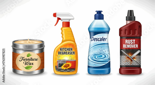 Assorted cleaning products including furniture wax kitchen degreaser descaler and rust remover displayed