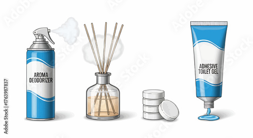 Illustration showing aroma deodorizer, reed diffuser, toilet gel, and toilet bowl cleaner tablets