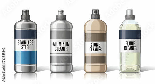 Four bottles of cleaning products for stainless steel aluminum stone and floor surfaces displayed