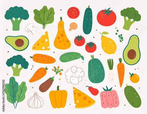 Vibrant Hand-Drawn Harvest - A Whimsical Collage of Fresh Vegetables, Fruits, and Cheese.
