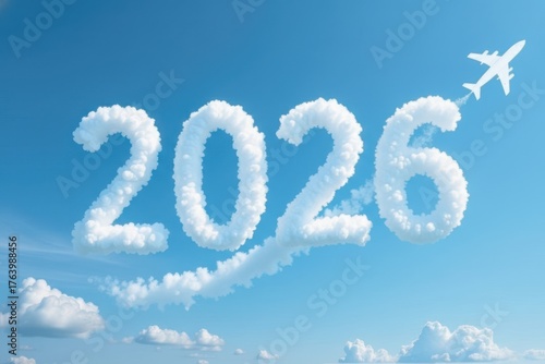 2026 cloud numbers forming in a blue sky with an airplane flying, representing future travel, aspirations, and new year goals