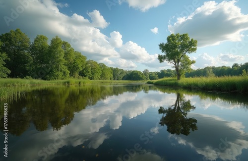 Tranquil wetlands landscape with serene water reflection. Green trees, grass, clouds create peaceful environment. Low angle shot reveals environmental beauty. Ideal for nature, travel projects.