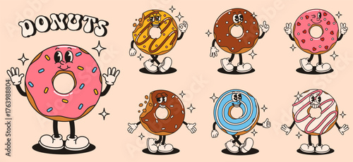 Set of groovy donut characters. Flat vector illustration.