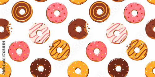 Seamless pattern of tasty donuts. Flat vector illustration.