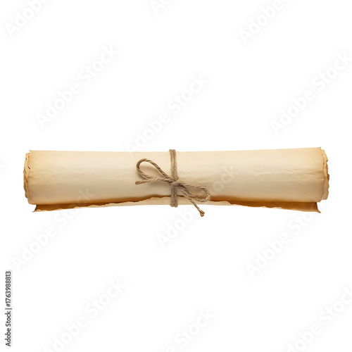 Ancient rolled parchment scroll tied with a simple string bow.