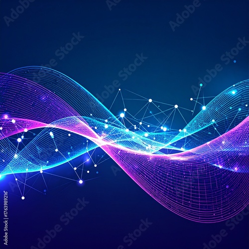 Abstract futuristic background featuring glowing digital sound waves and complex network connections on a deep blue backdrop