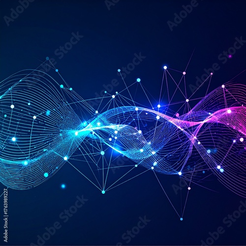 Futuristic digital science and technology background featuring an abstract particle wave and geometric plexus connections