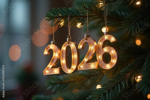 Golden year 2026 numbers with glowing lights decorating a green Christmas tree branch, creating a festive holiday atmosphere