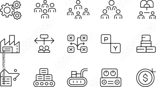 Collection of business and industrial icons that showcase diverse concepts and processes in a streamlined design