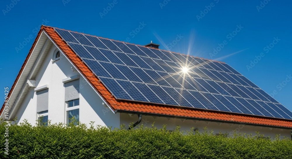 Fototapeta premium Solar panels on modern house roof with red tiles and green hedge in bright sunlight