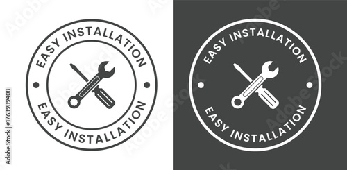 Easy installation badge vector design on light and dark background, wrench screwdriver symbol, circular label for instruction, packaging, tool branding, and service mark use