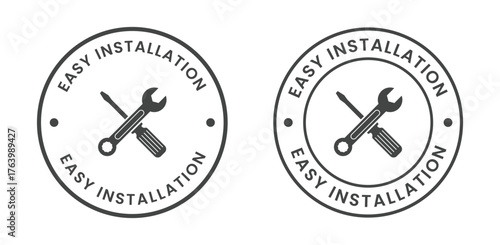 Minimal easy installation round label vector with crossed wrench and screwdriver tools icon for hardware product design, maintenance service branding, and packaging symbol use