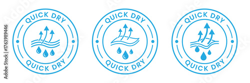 Quick dry circular vector badge collection with water and airflow icon, different outline styles for textile label, fabric tag, product design, and breathable garment branding use