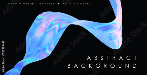 3d glass hologram abstract ribbon template. Liquid flow wave form on black background. Hologram blue pink curve element iridescent rainbow effect. Vector abstract music illustration